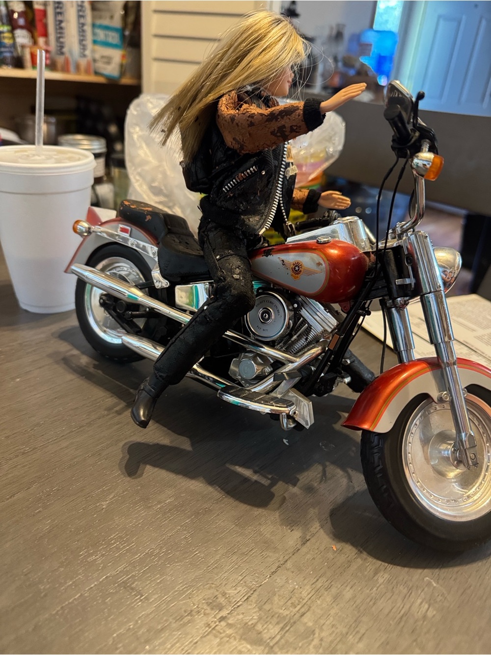 Harley-Davidson Black and Orange Barbie Doll Jacket on Motorcycle - Picture 5 of 13